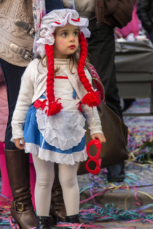 LOULE, PORTUGAL - FEB 2015: Colorful Carnival (Carnaval) Parade festival participants on Loule city, Portugal.のeditorial素材