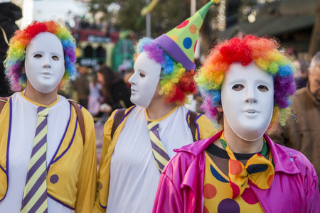 LOULE, PORTUGAL - FEB 2015: Colorful Carnival (Carnaval) Parade festival participants on Loule city, Portugal.のeditorial素材