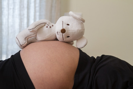 Close up view of a expecting pregnant woman with a stuffed toy.