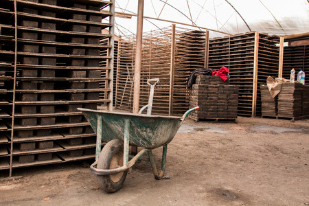 Interior view of the factory of traditional mud brick production.の写真素材