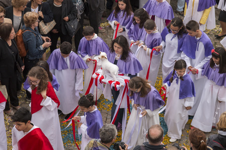 SAO BRAS DE ALPORTEL, PORTUGAL - April, 2015: Traditional religious procession of the flower torches...