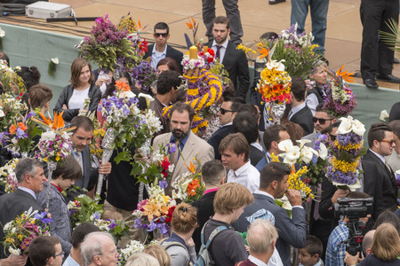 SAO BRAS DE ALPORTEL, PORTUGAL - April, 2015: Traditional religious procession of the flower torches event located in village of Sao Bras de Alportel, Portugal.のeditorial素材