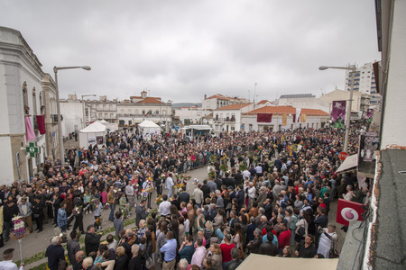 SAO BRAS DE ALPORTEL, PORTUGAL - April, 2015: Traditional religious procession of the flower torches event located in village of Sao Bras de Alportel, Portugal.のeditorial素材
