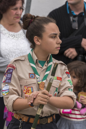 SAO BRAS DE ALPORTEL, PORTUGAL - April, 2015: Traditional religious procession of the flower torches event located in village of Sao Bras de Alportel, Portugal.のeditorial素材