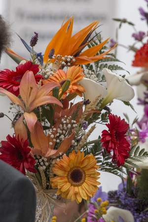 SAO BRAS DE ALPORTEL, PORTUGAL - April, 2015: Traditional religious procession of the flower torches event located in village of Sao Bras de Alportel, Portugal.のeditorial素材