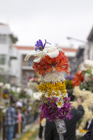 SAO BRAS DE ALPORTEL, PORTUGAL - April, 2015: Traditional religious procession of the flower torches event located in village of Sao Bras de Alportel, Portugal.のeditorial素材