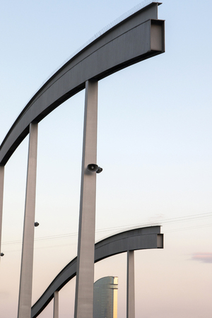 View of the pedestrian bridge abstract design in Port Vell, located in Barcelona, Spain.の写真素材