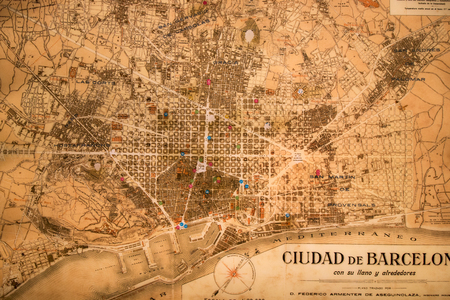 BARCELONA, SPAIN - 22nd MAY, 2015: Ancient map of Barcelona city, Spainのeditorial素材