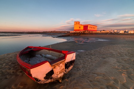 View of the historical life-guard building in Fuseta, Portugalの写真素材