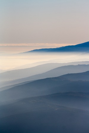 Misty hills in the morning near Lousa region, Portugal.の写真素材