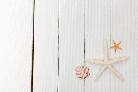 decorative starfish themed on white wood background.の写真素材