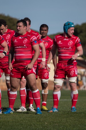 VILAMOURA, PORTUGAL-APRIL 2, 2015: Rugby players in action in the Algarve Rugby Festival. Gloucester...