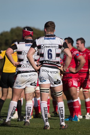 VILAMOURA, PORTUGAL-APRIL 2, 2015: Rugby players in action in the Algarve Rugby Festival. Gloucester XV Vs. British Armyのeditorial素材