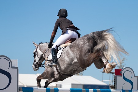 VILAMOURA, PORTUGAL - APRIL 2, 2016: Horse obstacle jumping competiion, called Vilamoura Atlantic Tour that brings the finest athletes to the event.のeditorial素材