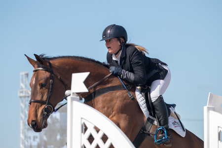 VILAMOURA, PORTUGAL - APRIL 2, 2016: Horse obstacle jumping competiion, called Vilamoura Atlantic Tour that brings the finest athletes to the event.のeditorial素材