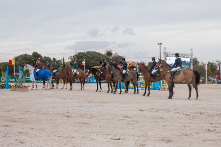 VILAMOURA, PORTUGAL - APRIL 3, 2016: Horse obstacle jumping competiion, called Vilamoura Atlantic Tour that brings the finest athletes to the event.のeditorial素材