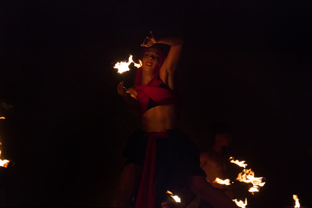 CASTRO MARIM, PORTUGAL - AUGUST 28, 2016: View of people, characters, mood, colors and street performers at the popular medieval fair held in Castro Marim village, Portugal.の写真素材