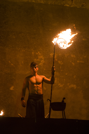 CASTRO MARIM, PORTUGAL - AUGUST 28, 2016: View of people, characters, mood, colors and street performers at the popular medieval fair held in Castro Marim village, Portugal.のeditorial素材
