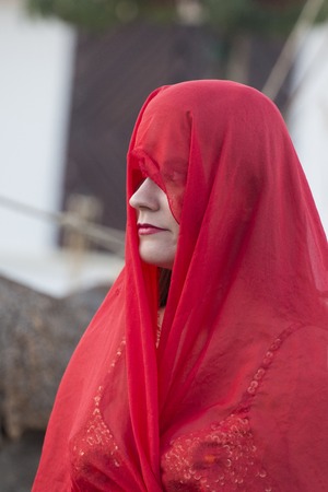 CASTRO MARIM, PORTUGAL - AUGUST 28, 2016: View of people, characters, mood, colors and street performers at the popular medieval fair held in Castro Marim village, Portugal.のeditorial素材