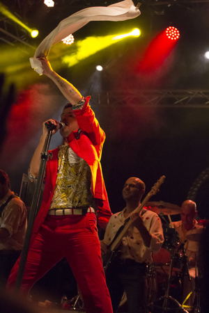 OLHAO, PORTUGAL - 11 AUGUST 2016: Os Azeitonas music group on a Seafood festival.のeditorial素材