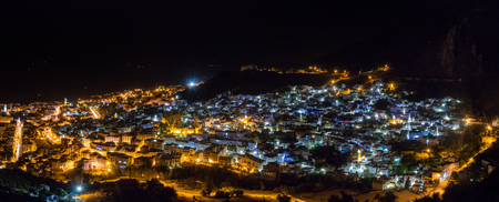 Night cityscape of the blue city of Chefchaouen located in Morocco, Africa.の写真素材