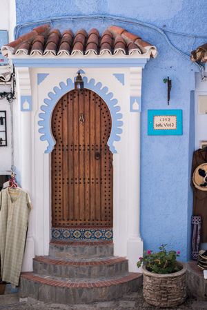 View of typical blue door architecture in Chefchaouen city, Morocco.のeditorial素材