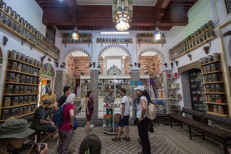 JUNE 12 ,2016 TANGIER -MOROCCO: Large luxurious spice, herbs and perfume shop, in the old medina of...