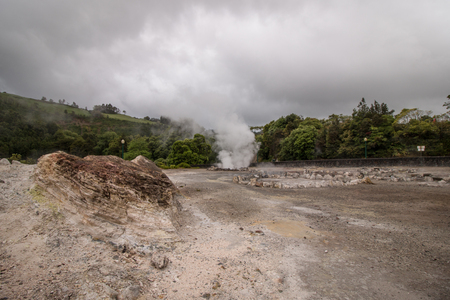 Fumarolas near Furnas, famous tourist atraction of volcanic activity in Sao Miguel island, Portugal.の写真素材