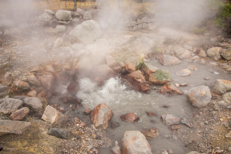Fumarolas near Furnas, famous tourist atraction of volcanic activity in Sao Miguel island, Portugal.の写真素材
