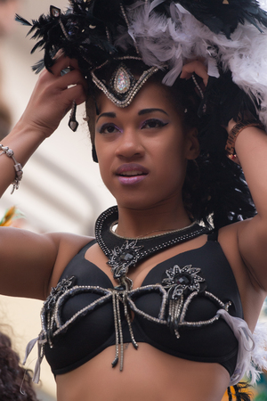 LOULE, PORTUGAL - FEB 2016: Colorful Carnival (Carnaval) Parade festival participants on Loule city, Portugal.のeditorial素材