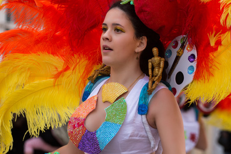 LOULE, PORTUGAL - FEB 2016: Colorful Carnival (Carnaval) Parade festival participants on Loule city, Portugal.のeditorial素材