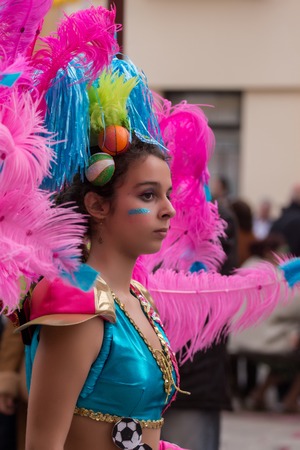 LOULE, PORTUGAL - FEB 2016: Colorful Carnival (Carnaval) Parade festival participants on Loule city, Portugal.のeditorial素材