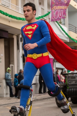LOULE, PORTUGAL - FEB 2016: Colorful Carnival (Carnaval) Parade festival participants on Loule city, Portugal.のeditorial素材
