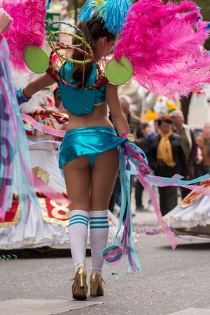 LOULE, PORTUGAL - FEB 2016: Colorful Carnival (Carnaval) Parade festival participants on Loule city, Portugal.のeditorial素材