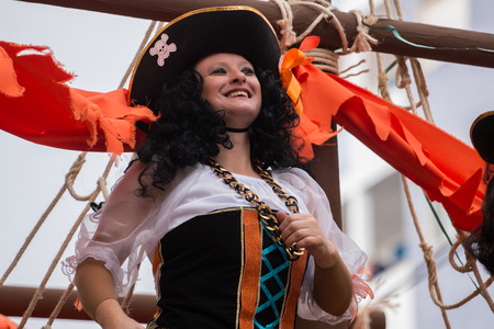 LOULE, PORTUGAL - FEB 2016: Colorful Carnival (Carnaval) Parade festival participants on Loule city, Portugal.のeditorial素材