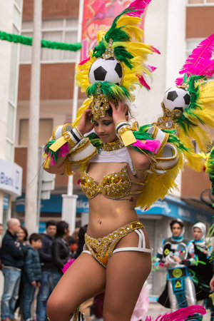LOULE, PORTUGAL - FEB 2016: Colorful Carnival (Carnaval) Parade festival participants on Loule city, Portugal.のeditorial素材