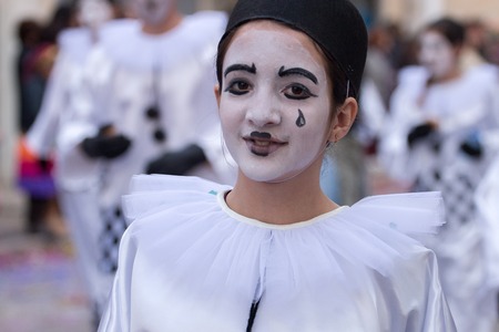 LOULE, PORTUGAL - FEB 2016: Colorful Carnival (Carnaval) Parade festival participants on Loule city, Portugal.のeditorial素材