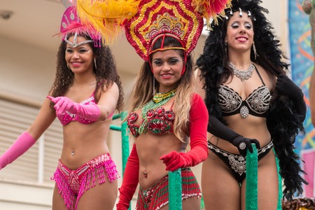 LOULE, PORTUGAL - FEB 2016: Colorful Carnival (Carnaval) Parade festival participants on Loule city,...
