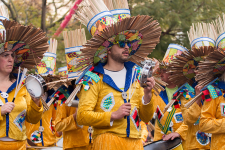 LOULE, PORTUGAL - FEB 2016: Colorful Carnival (Carnaval) Parade festival participants on Loule city,...