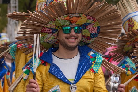 LOULE, PORTUGAL - FEB 2016: Colorful Carnival (Carnaval) Parade festival participants on Loule city, Portugal.のeditorial素材