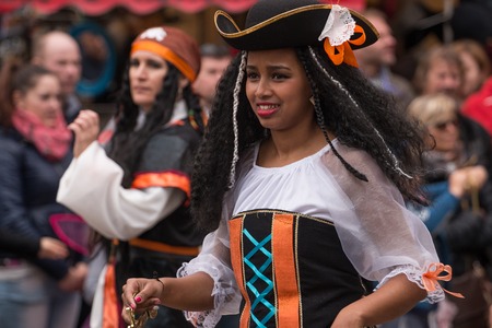 LOULE, PORTUGAL - FEB 2016: Colorful Carnival (Carnaval) Parade festival participants on Loule city,...