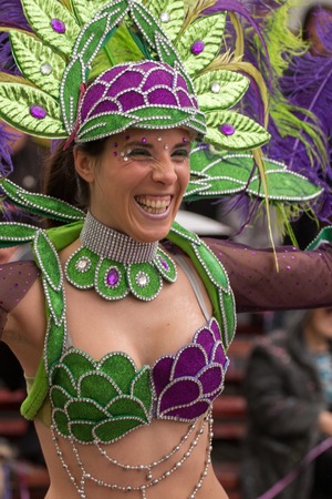 LOULE, PORTUGAL - FEB 2016: Colorful Carnival (Carnaval) Parade festival participants on Loule city, Portugal.のeditorial素材