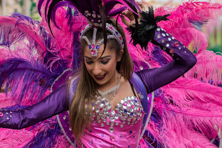 LOULE, PORTUGAL - FEB 2016: Colorful Carnival (Carnaval) Parade festival participants on Loule city,...