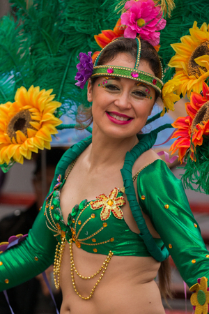 LOULE, PORTUGAL - FEB 2016: Colorful Carnival (Carnaval) Parade festival participants on Loule city, Portugal.のeditorial素材