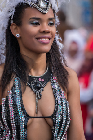 LOULE, PORTUGAL - FEB 2016: Colorful Carnival (Carnaval) Parade festival participants on Loule city, Portugal.のeditorial素材