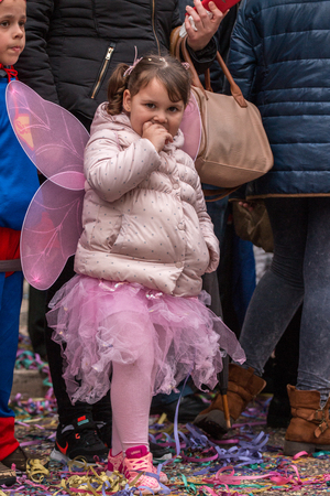 LOULE, PORTUGAL - FEB 2016: Colorful Carnival (Carnaval) Parade festival participants on Loule city, Portugal.のeditorial素材