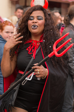 LOULE, PORTUGAL - FEB 2016: Colorful Carnival (Carnaval) Parade festival participants on Loule city, Portugal.のeditorial素材