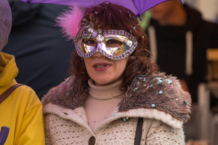 LOULE, PORTUGAL - FEB 2016: Colorful Carnival (Carnaval) Parade festival participants on Loule city, Portugal.のeditorial素材