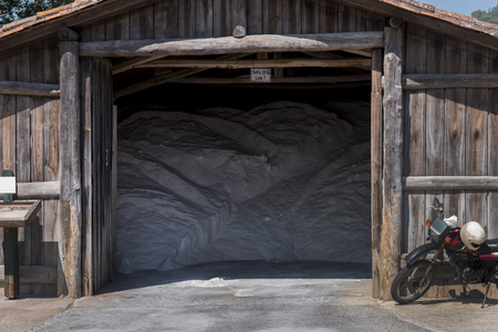 View of saline exploration wooden warehouses located in Rio Maior, Portugal.のeditorial素材