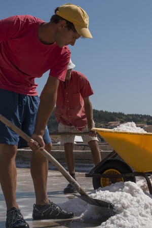 RIO MAIOR, PORTUGAL - July 20th, 2016 : Workers gathering marine salt from the famous saline exploration in Rio Maior.のeditorial素材